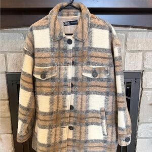 Zara Women's Utility Jacket - Cream, Gray, and Brown Plaid